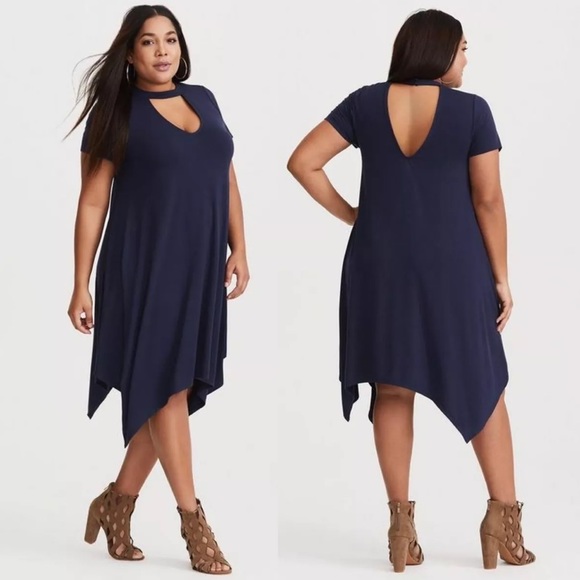Torrid Jersey Trapeze Navy Dress Cut Out Neckline Knee Length Stretch - Picture 1 of 6